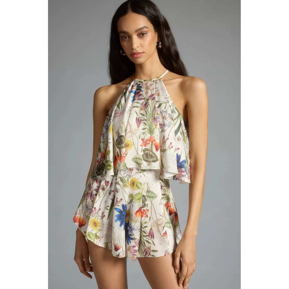 Katie May Sleepwalker Romper Womens M Cream Floral Excellent Halter Open Back